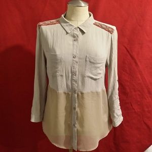 MISS ME BEIGE  BLOUSE Beaded Shoulder  M
